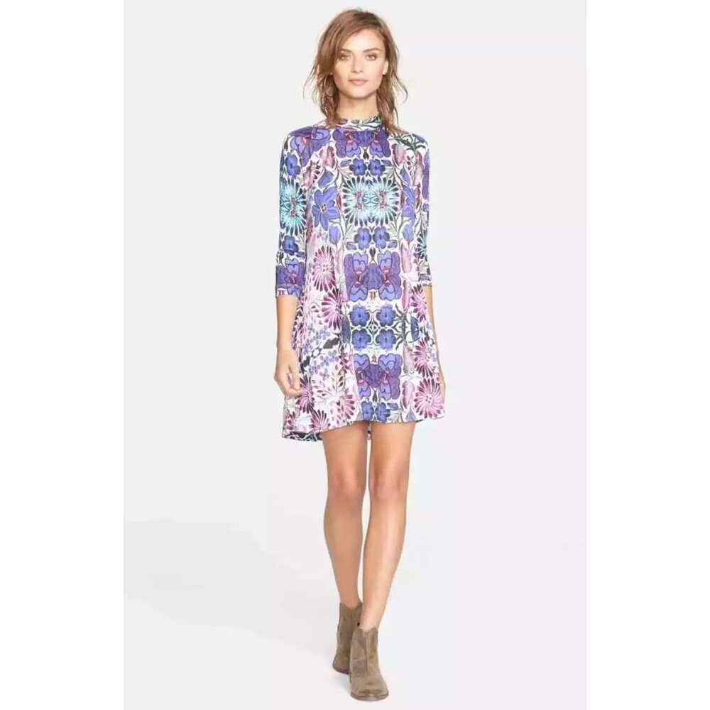 Free People Dress Womens Medium Fiesta Purple Multi Floral Swing Long Sleeves*